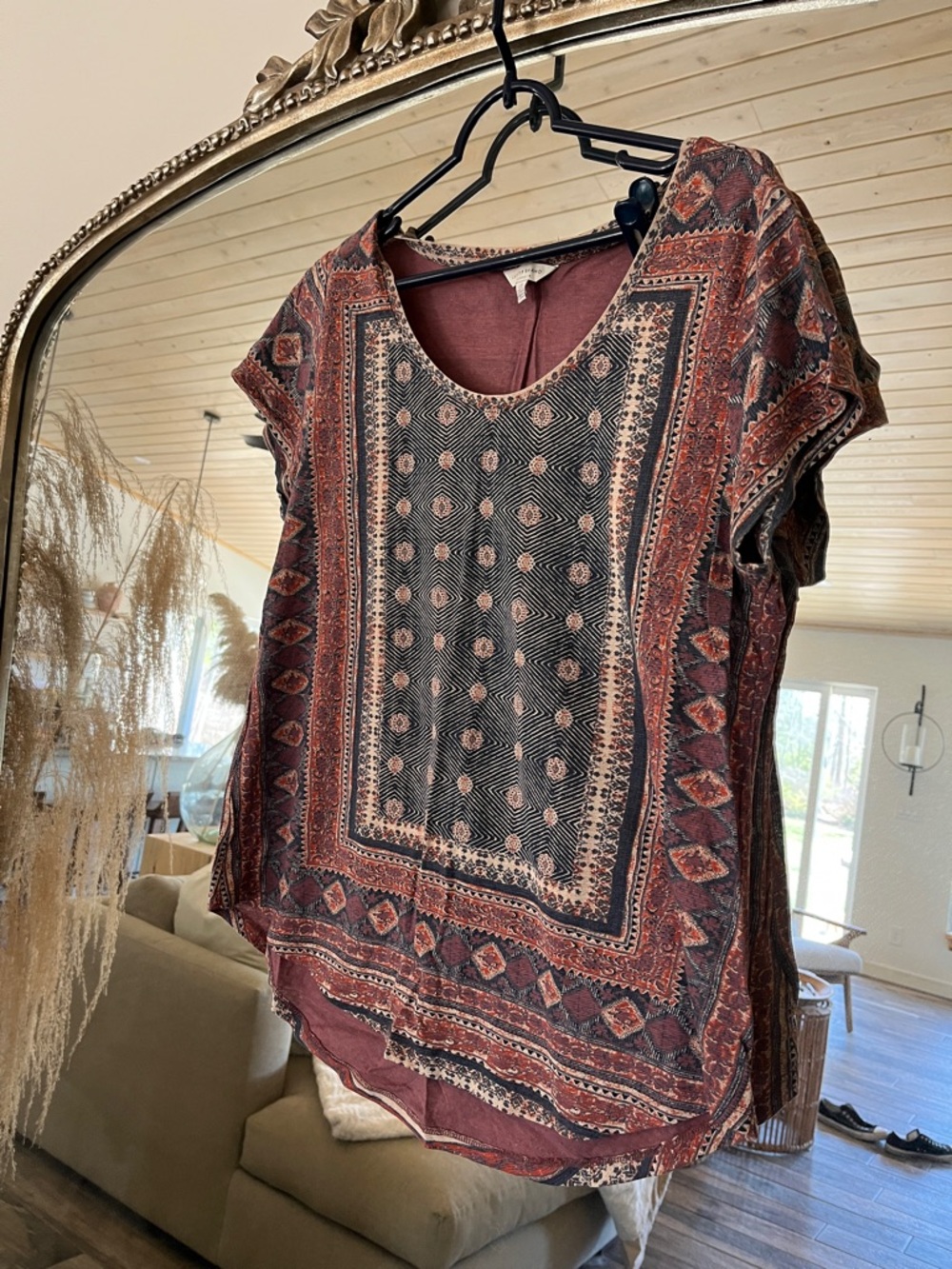 Lucky Brand Burgundy and Black Boho Short-Sleeve Tee. Great used condition.